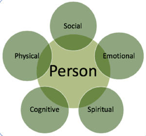 A diagram which which has 'person' in the centre. Five circles blend with the word 'person', they are: Social, Emotional, Spiritual, Cognitive and Physical