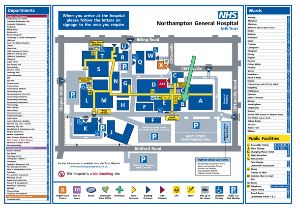 hospital map with Integrated Surgery Outpatients Department marked with a green arrow